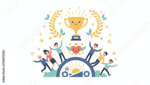 A vibrant illustration depicting a team celebrating success with a golden trophy, a winged heart, and laurel wreaths, symbolizing employee engagement, commitment, and motivation, set against a