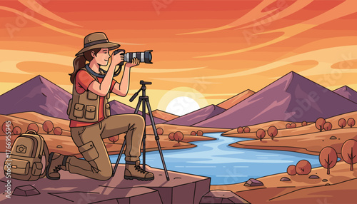 A female photographer kneels on a rocky outcrop, aiming her professional camera on a tripod to capture the breathtaking beauty of a vibrant sunset over a serene river valley surrounded by majestic