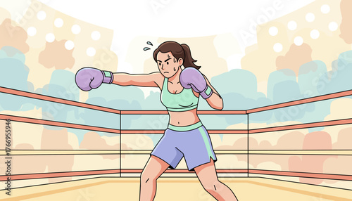 Determined female boxer in purple gloves and athletic wear throws a punch in a brightly lit boxing ring, sweat drops indicating exertion, with blurred spectators and stadium lights in the background