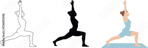 Yoga Warrior Pose Sequence with Woman Silhouette and Outline for Health and Wellness