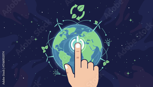 Conceptual illustration of a finger pressing a glowing power button on a stylized Earth, symbolizing the activation of environmental protection and renewable energy solutions against a starry night
