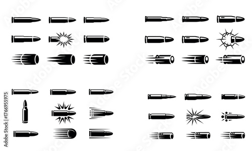 Bullet icon set representing ammunition projectile and weapon concept in black design
