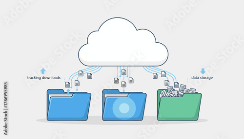 Flat illustration of cloud storage and data management, showing files downloading from a cloud icon to folders, with labels for 'tracking downloads' and 'data storage', representing digital