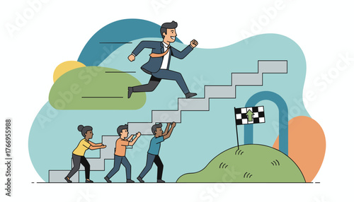 Vibrant flat-style illustration depicting a determined businessman in a suit and tie running down a staircase, supported by a diverse team lifting the steps, symbolizing teamwork, collaboration, and