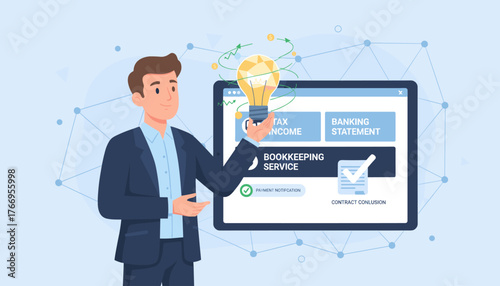 A smiling businessman in a suit holds a glowing lightbulb, symbolizing a brilliant idea, in front of a tablet displaying financial services like tax income, banking statements, and bookkeeping