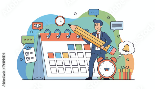 Business man holding a giant pencil in front of a calendar, symbolizing schedule planning and time management, with icons for tasks, meetings, and alarms, representing effective organization and