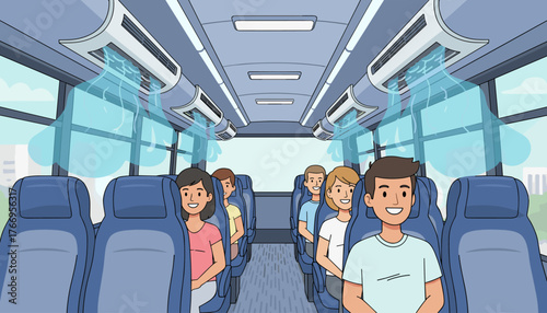 Interior view of a bus with multiple powerful air conditioning units actively cooling the cabin, circulating fresh, cool air to passengers seated comfortably, creating a pleasant travel experience