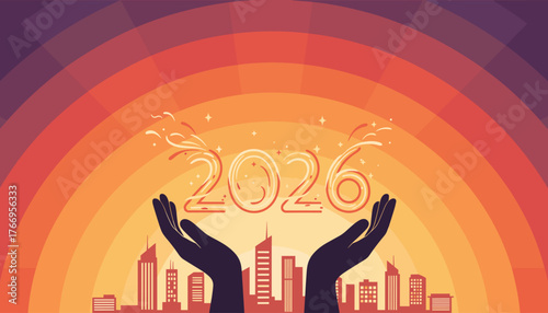 Vibrant silhouette of cupped hands gently holding the glowing numerals '2026' with celebratory fireworks and sparkling stars against a backdrop of a colorful, abstract sunset over a stylized