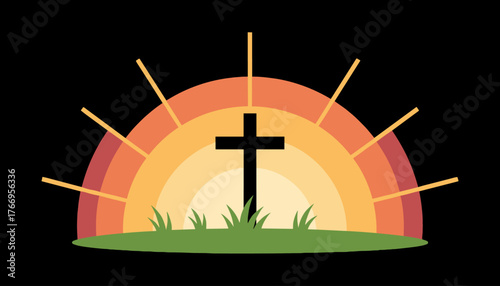 Vibrant silhouette of a Christian cross standing tall on lush green grass, bathed in the warm, radiant glow of a stylized sunrise with concentric arcs and emanating sun rays against a dark