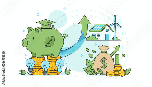 Vibrant illustration symbolizing the concept of saving energy and money, featuring a green piggy bank with a graduation cap on stacks of coins, connected to light bulbs and an electrical plug