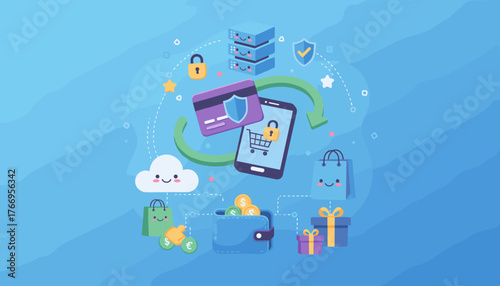 Secure online payment processing for convenient e-commerce transactions, featuring a smartphone with a shopping cart and lock icon, credit card, wallet with coins, shopping bags, gift boxes, and