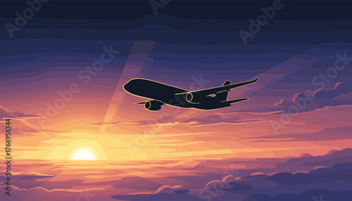 Silhouette of a commercial airplane soaring through a vibrant sunset sky, with dramatic sunbeams piercing through colorful clouds, evoking a sense of travel and adventure.