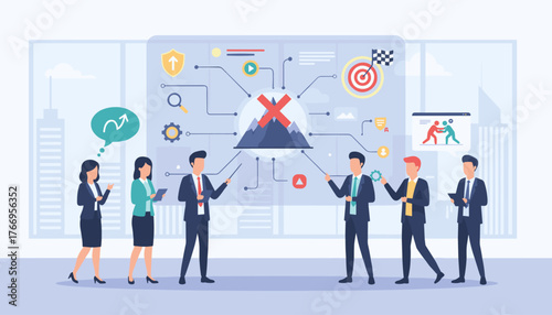 Business team collaborating on strategic planning to overcome challenges, visualizing project goals and objectives with a central diagram featuring mountains and a red cross, symbolizing obstacles