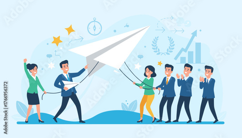 Diverse business team celebrates success by launching a large paper airplane, symbolizing innovation, teamwork, and achieving ambitious goals, with growth charts and laurel wreaths in the background
