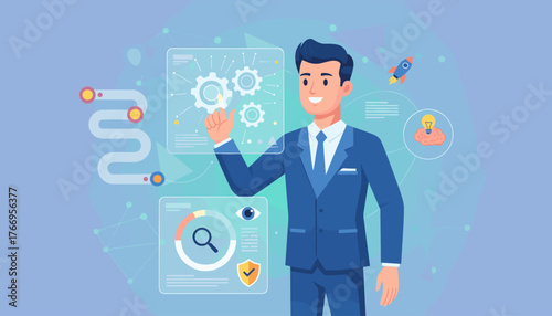 Modern business manager interacting with futuristic digital interface displaying gears, search icon, and progress charts, symbolizing innovation, strategy, and data analysis in a technology-driven