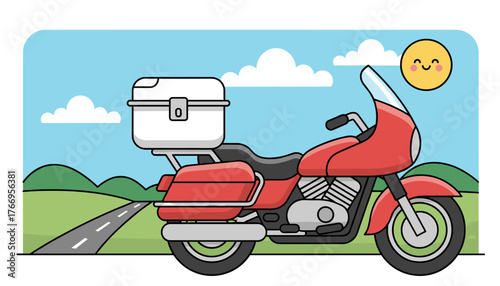 Vivid cartoon illustration of a red touring motorcycle with a white storage box on the back, parked on a road with rolling green hills and a bright, smiling sun in a blue sky with fluffy clouds