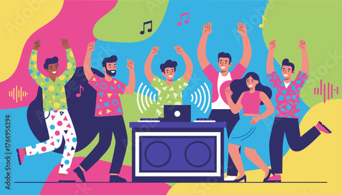 Vibrant Flat Illustration of a Diverse Group of Friends Joyfully Dancing to Music at a Party, Featuring a DJ Booth with Speakers and a Laptop, Surrounded by Colorful Abstract Shapes and Musical