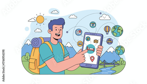 Joyful traveler with backpack using a smartphone to plan an adventure, featuring icons for booking accommodation, flights, and sightseeing, set against a scenic mountain landscape with a bridge and