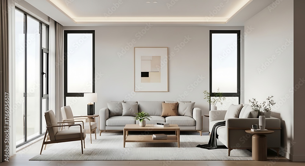 Fototapeta premium Minimalist Japandi style living room interior with wooden furniture and a bright, open layout concept