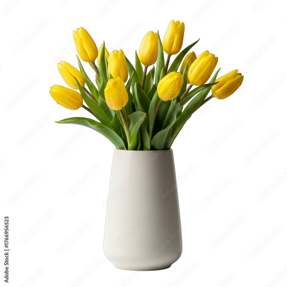 Obraz premium Yellow Tulips in White Vase isolated on a transparent background