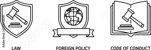 Vector art of three icons representing law, foreign policy, and code of conduct