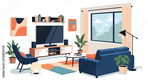 Cozy modern living room interior with blue sofa and armchair, TV, and large window with view.