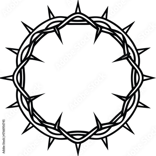 Black and white crown with sharp thorns creates a circular abstract frame