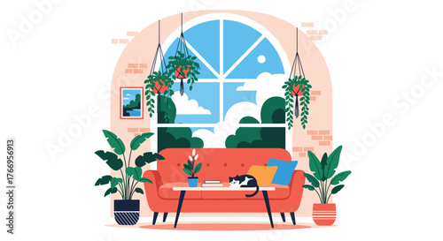 Cozy living room with a bright orange couch, plants, and a cat napping by the window.