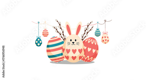 Cute Easter bunny surrounded by festive decorated eggs and pussy willow branches.