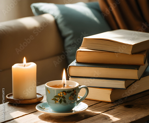 Cozy hygge still life with books, candle and cup of tea on wooden table