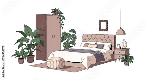 Cozy bedroom scene with a bed, wardrobe, plants, and a nightstand.
