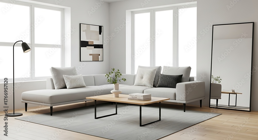 Fototapeta premium Modern Scandinavian Living Room with Sectional Sofa, Coffee Table, and Floor Lamp