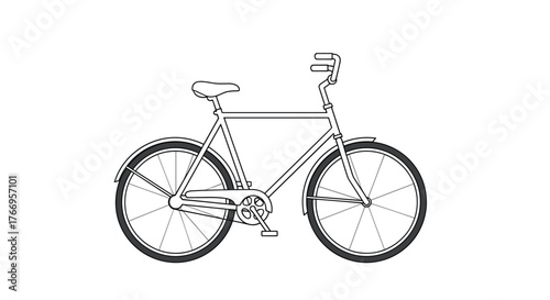 Black and white illustration of a classic bicycle with fenders and a chain guard.