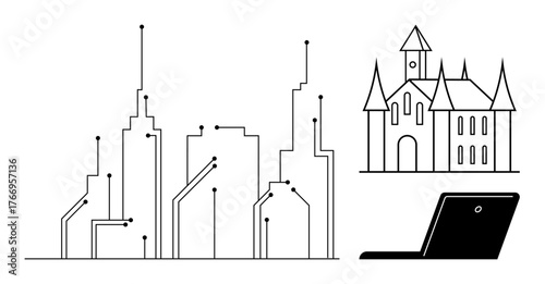 Urban landscape with circuit-inspired skyscrapers, a historic castle, and a laptop. Ideal for technology, innovation, digital transformation, smart cities, modernity, heritage and tech contrasts