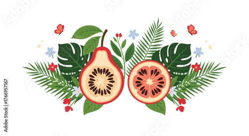 Illustration of tropical fruits and foliage with butterflies and small flowers.