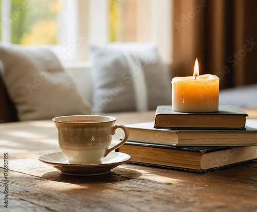 Cozy hygge still life with books, candle and cup of tea on wooden table