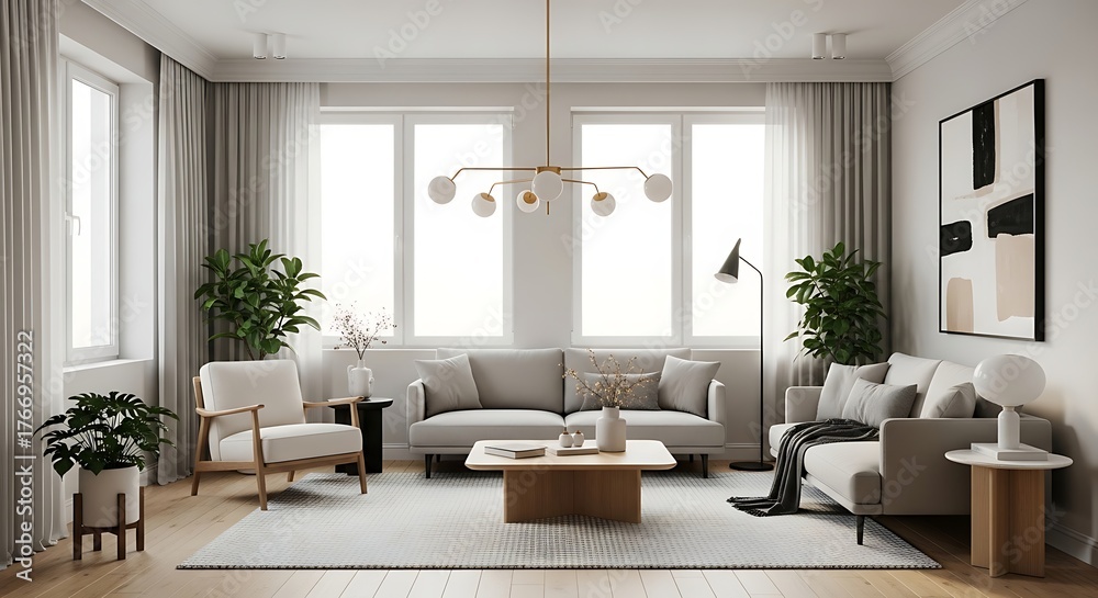 Fototapeta premium Modern minimalist living room interior with contemporary furniture, abundant natural light, and green plants