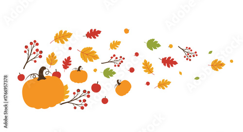 Autumnal illustration with pumpkins and colorful falling leaves on a white background.