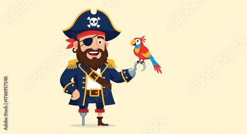 Cartoon pirate with an eye patch, beard, hook hand, and parrot on his shoulder stands against a light background.