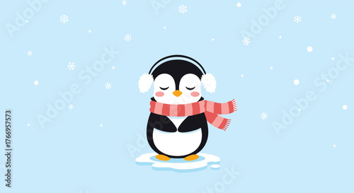 A cute cartoon penguin wearing a scarf and earmuffs stands on a patch of ice in falling snow.