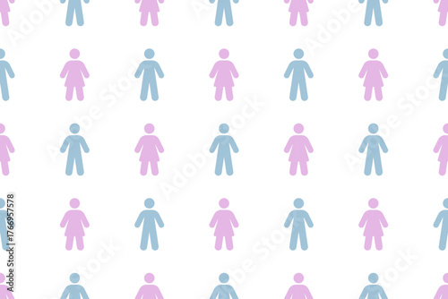Seamless vector pattern with stylized flat male and female figures in pink and blue colors. Modern minimal design representing gender equality, unity, and human connection.