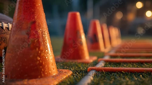 Football training drills with orange cones and ball on a wet field in the rain at sunset, ideal for sports coaching and fitness