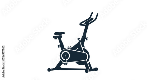 Dark blue silhouette of a stationary exercise bike with a seat and handlebars on a white background.