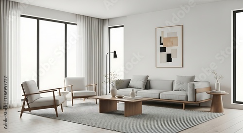 Bright and airy modern living room interior with minimalist Scandinavian style furniture