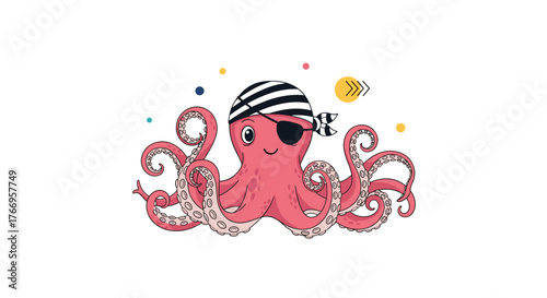 Cute pink octopus dressed as a pirate with a bandana and eye patch, surrounded by colorful dots and a fish.