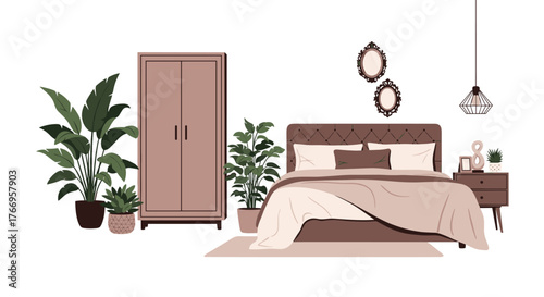 Cozy bedroom scene with a wardrobe, plants, and a bed with a tufted headboard.