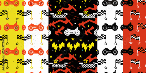 Dynamic motocross racing pattern with checkered flags stars and lightning bolts