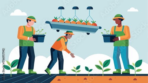 A group of workers fill trays with seedlings while a sleek autonomous seeder hovers above them gently releasing the tiny plants into the soil with precision and care. The workers. Vector illustration