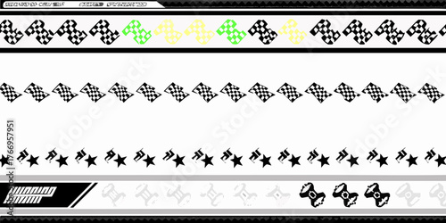 Collection of racing themed graphic elements including checkered flags stars and abstract shapes for design