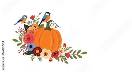 Autumnal arrangement featuring a pumpkin, colorful flowers, greenery, and two small birds perched above.